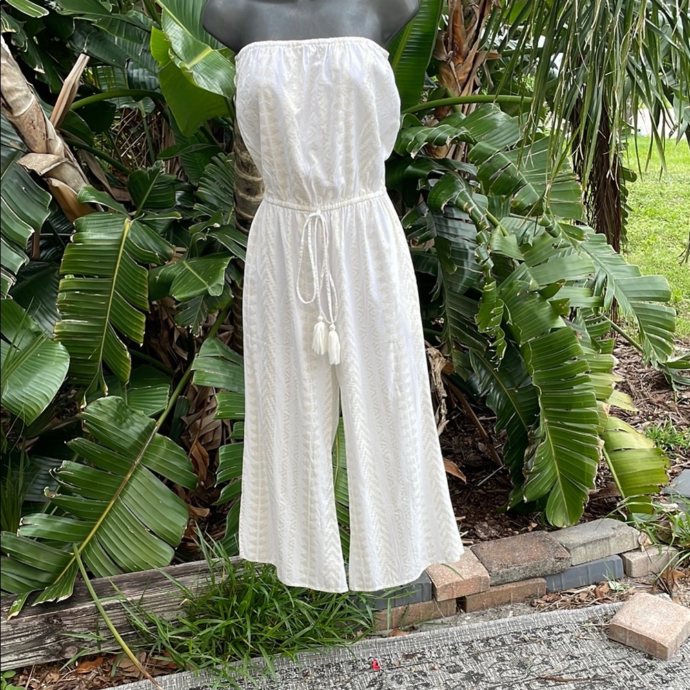 Elan metallic gold stripe strapless crop jumpsuit